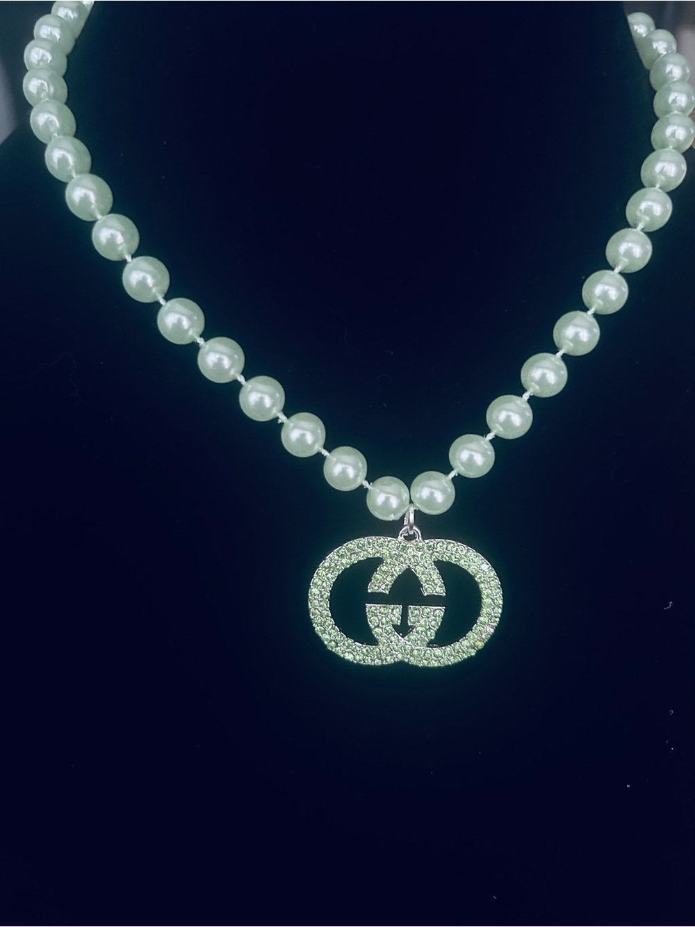 Contemporary Vintage Pearl Bead Necklace with mint Green Crystal Pendant